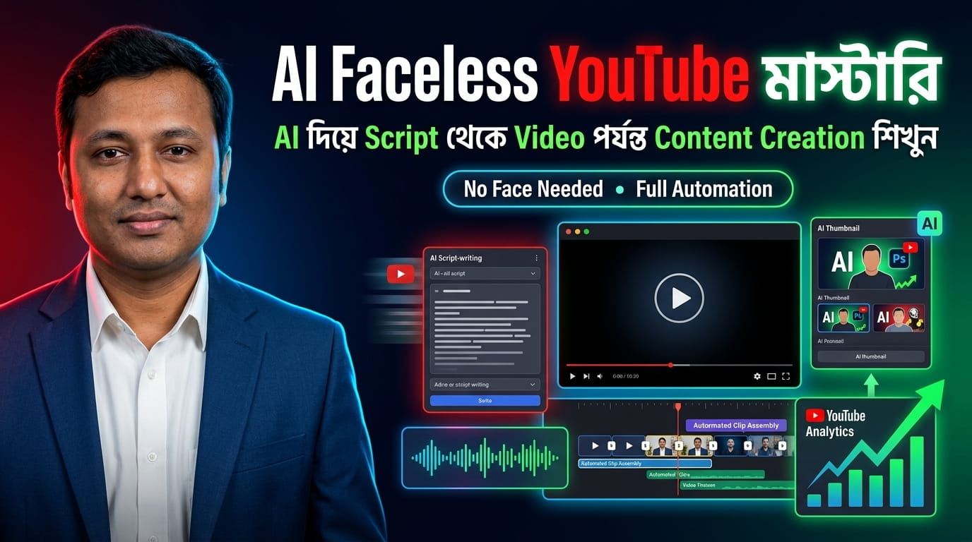 AI Faceless YouTube মাস্টারি: AI দিয়ে Script থেকে Video পর্যন্ত Content Creation শিখুন